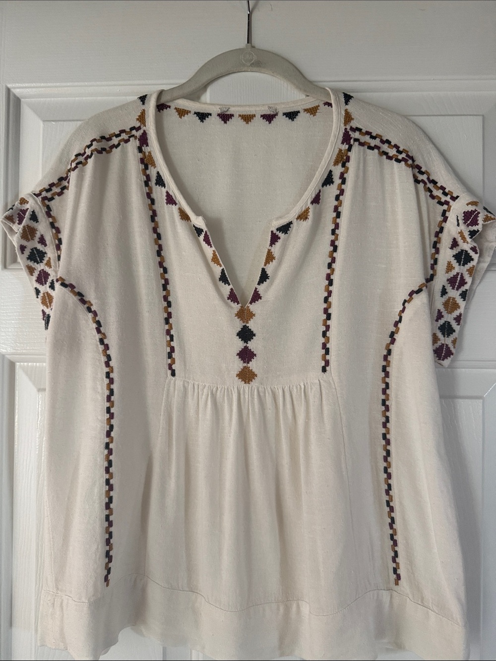 Lucky Brand Cream Embroidered Split V-Neck Tunic